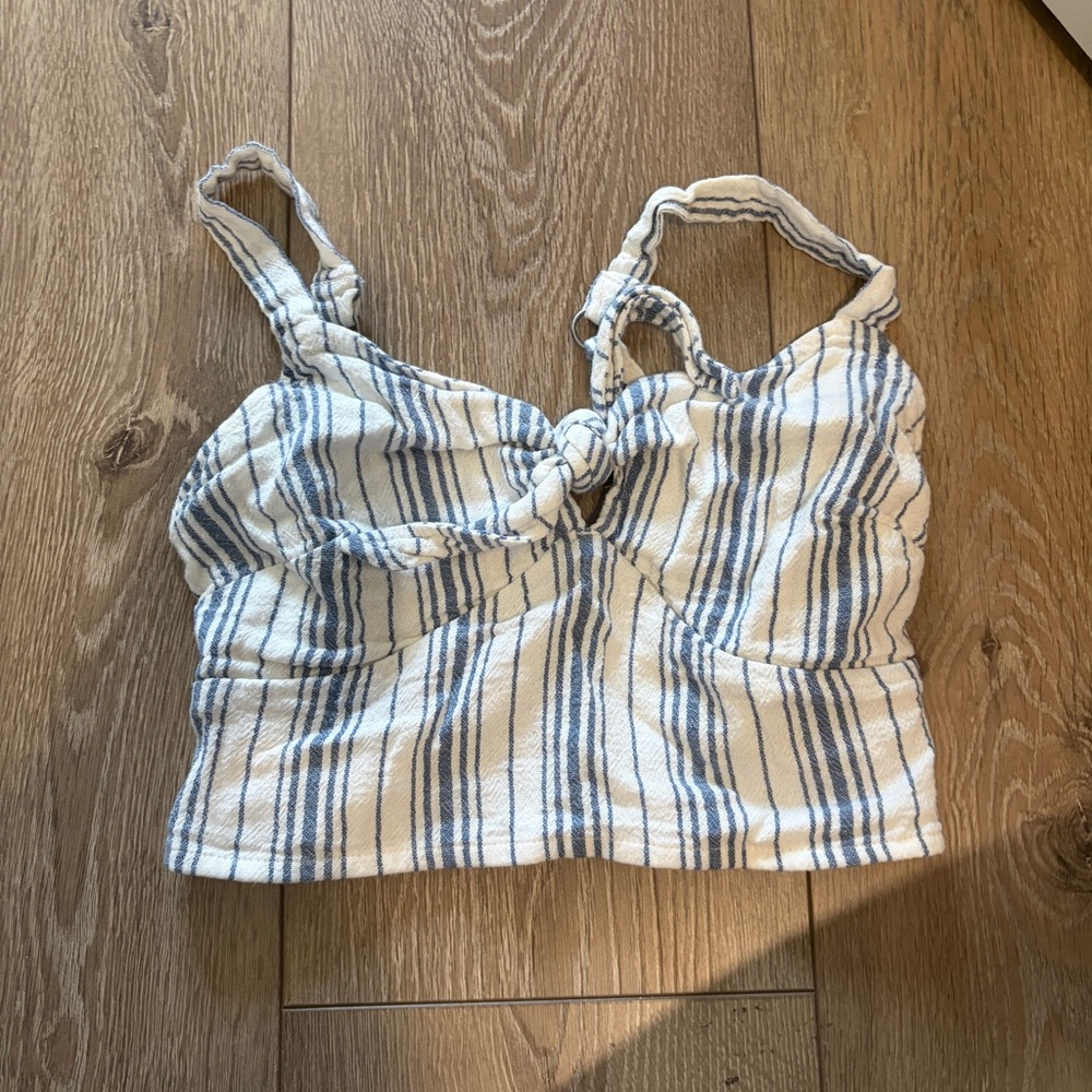 Hollister White and Blue Striped Knot-Front Cropped Tank